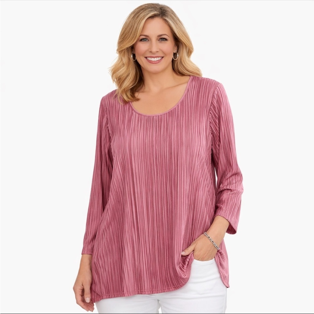Inner Beauty Pink Pleated Stretch Blouse Made USA Scoop Neck Women’s 3X